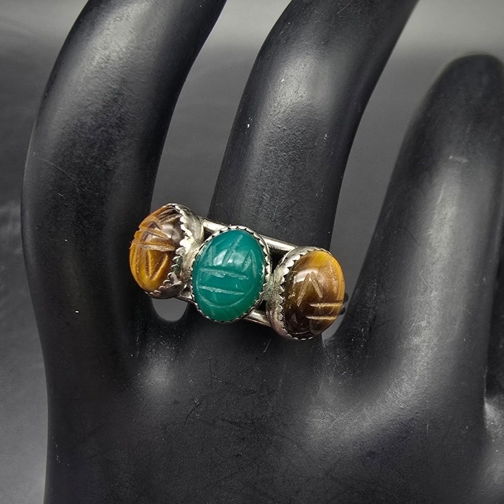 Tiger's Eye Sterling Silver Scarab Ring Vintage Size 5.5 Egyptian Revival